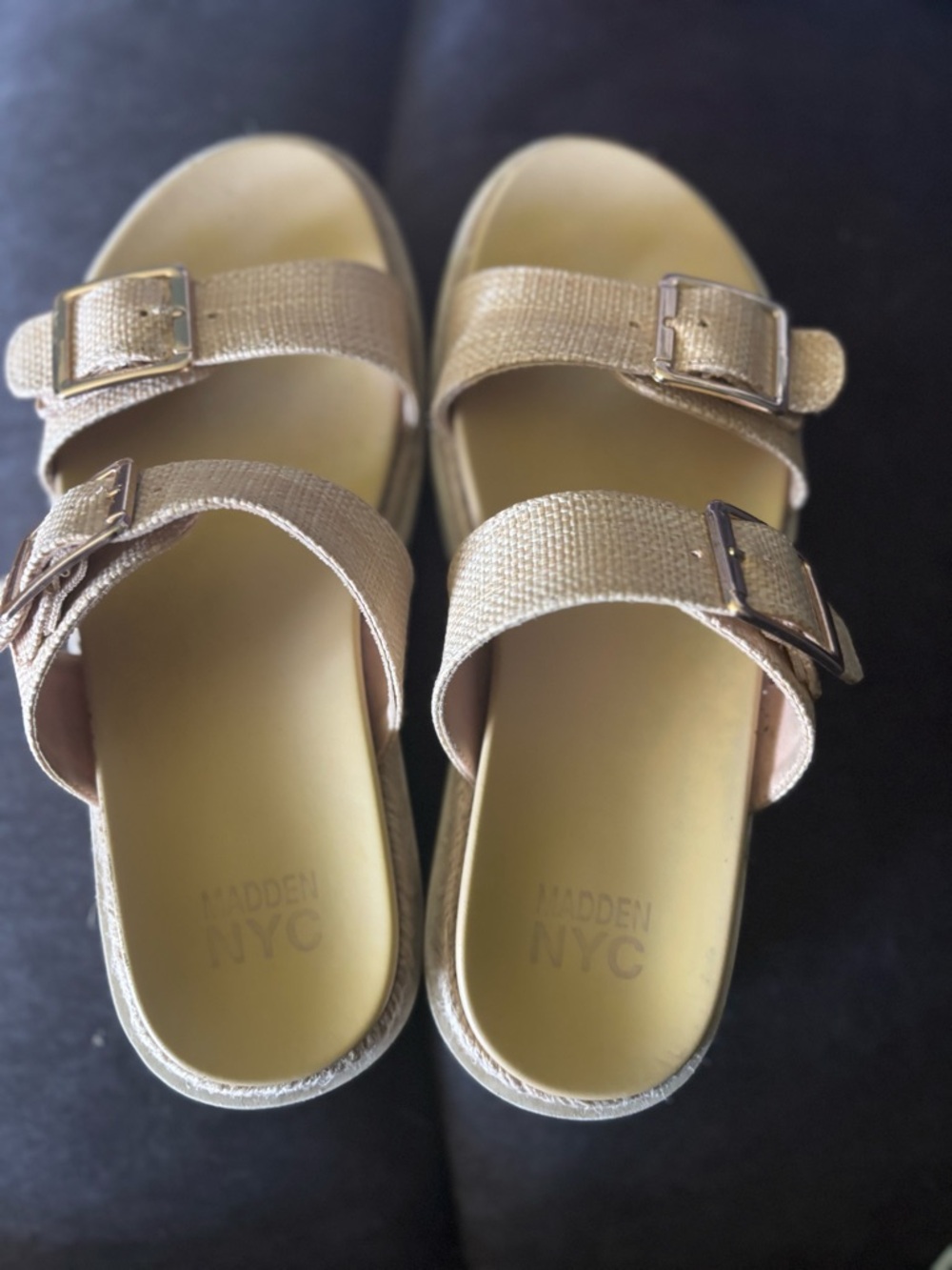Cream Fabric Sandals with Gold Buckle Accent